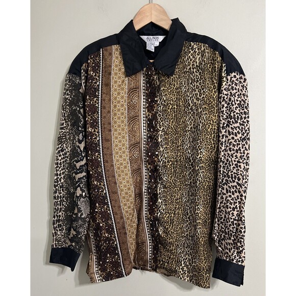 Vintage Allison Taylor Cheetah Print 100% Silk Button Up Shirt Women Size L - Picture 1 of 10